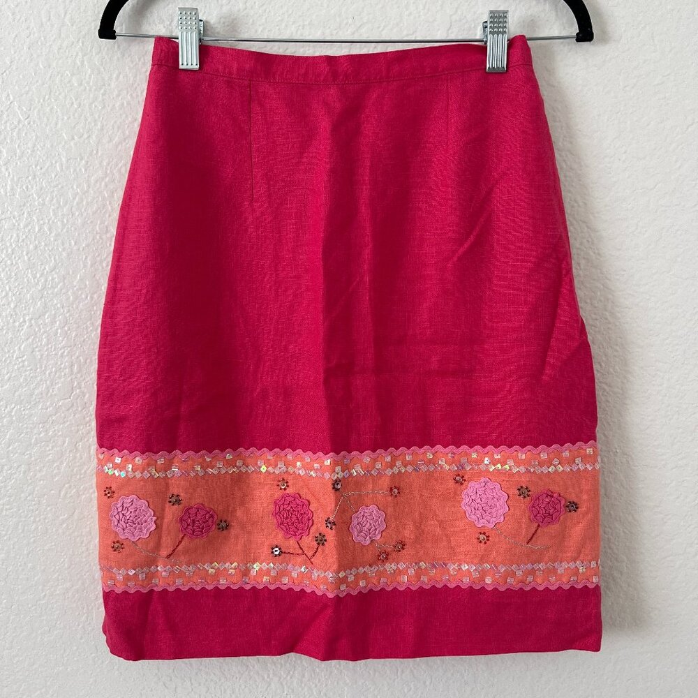 Vtg Deadstock Stephanie Andrews Sz 6‎ 90s Y2K Pink Linen Skirt Embroidered